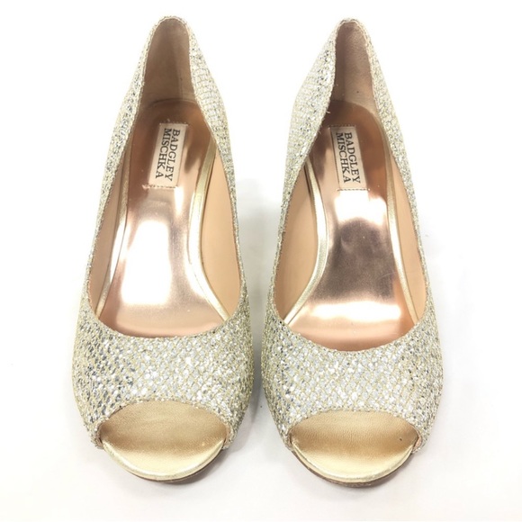 Badgley Mischka Awake Gold Glitter Wedge Peep Toe - Picture 1 of 10